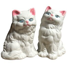 Vintage Bisque Porcelain White Cat Figurines Featuring Blue Eyes & Pink Accents